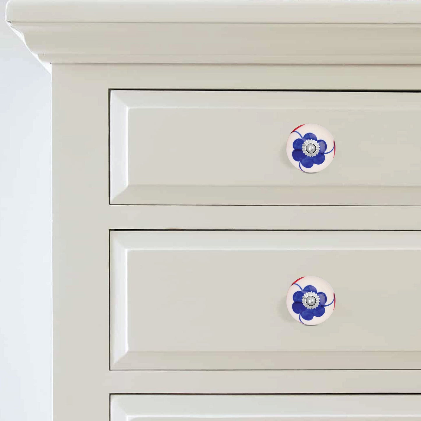 Blue Floral with Red Leaves Hand-Painted Ceramic Drawer Knob | The Indian Aura