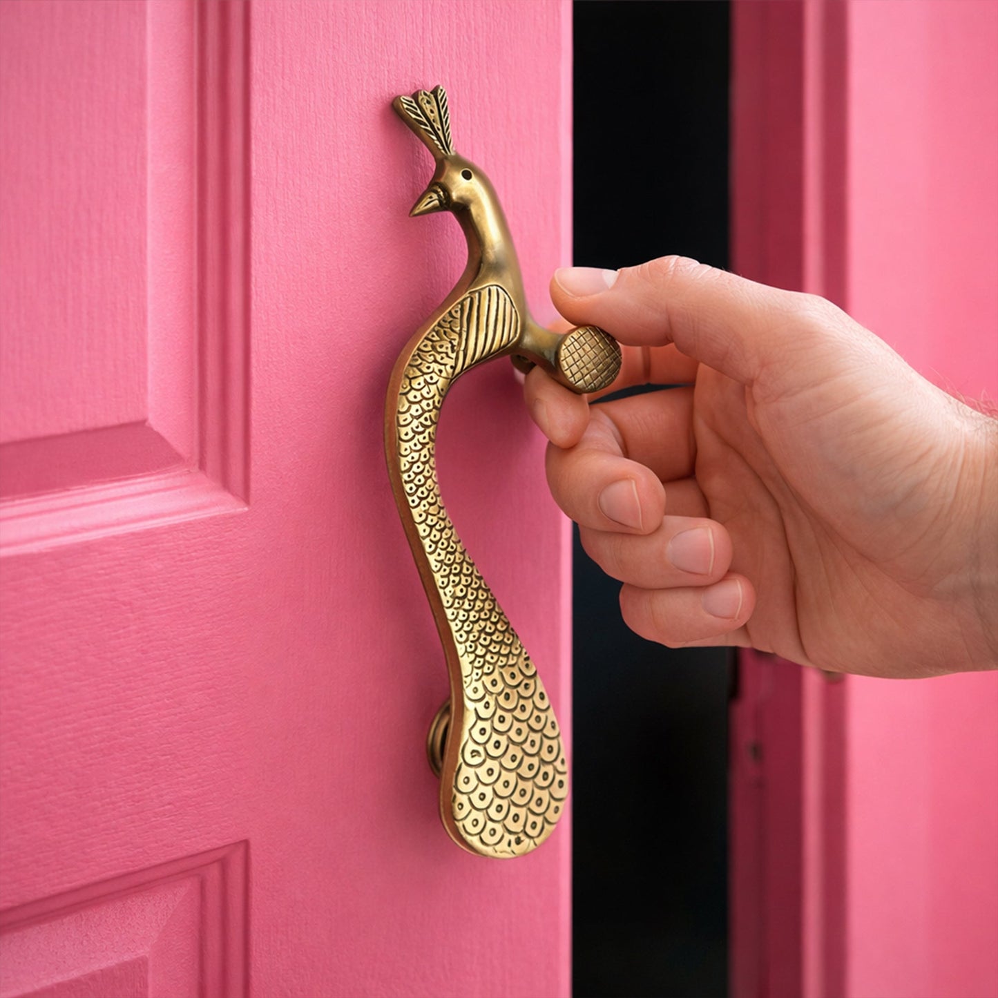 Handcrafted Brass Door Handle – Elegant Peacock Design (Left Turned)