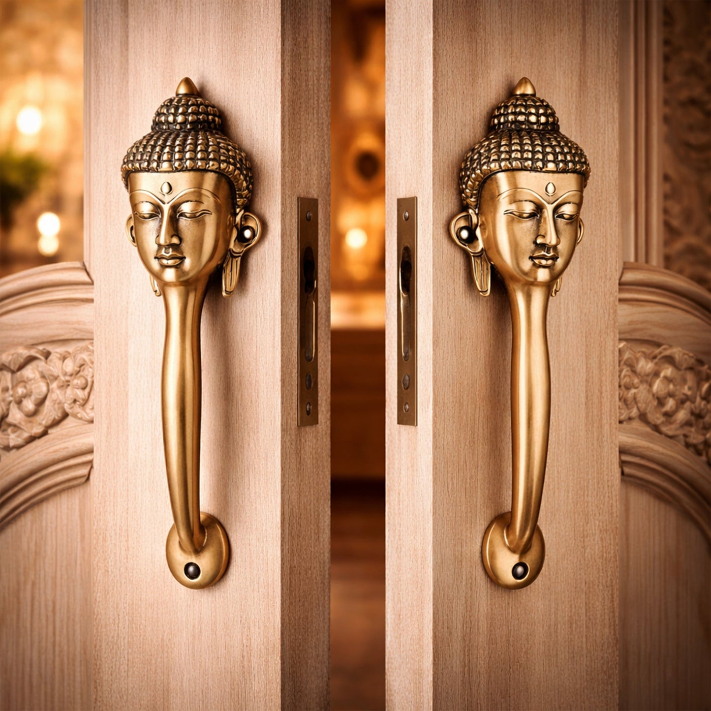 Decorative Buddha Face Brass Door Handle – Spiritual Gautam Buddha Design Set of 2