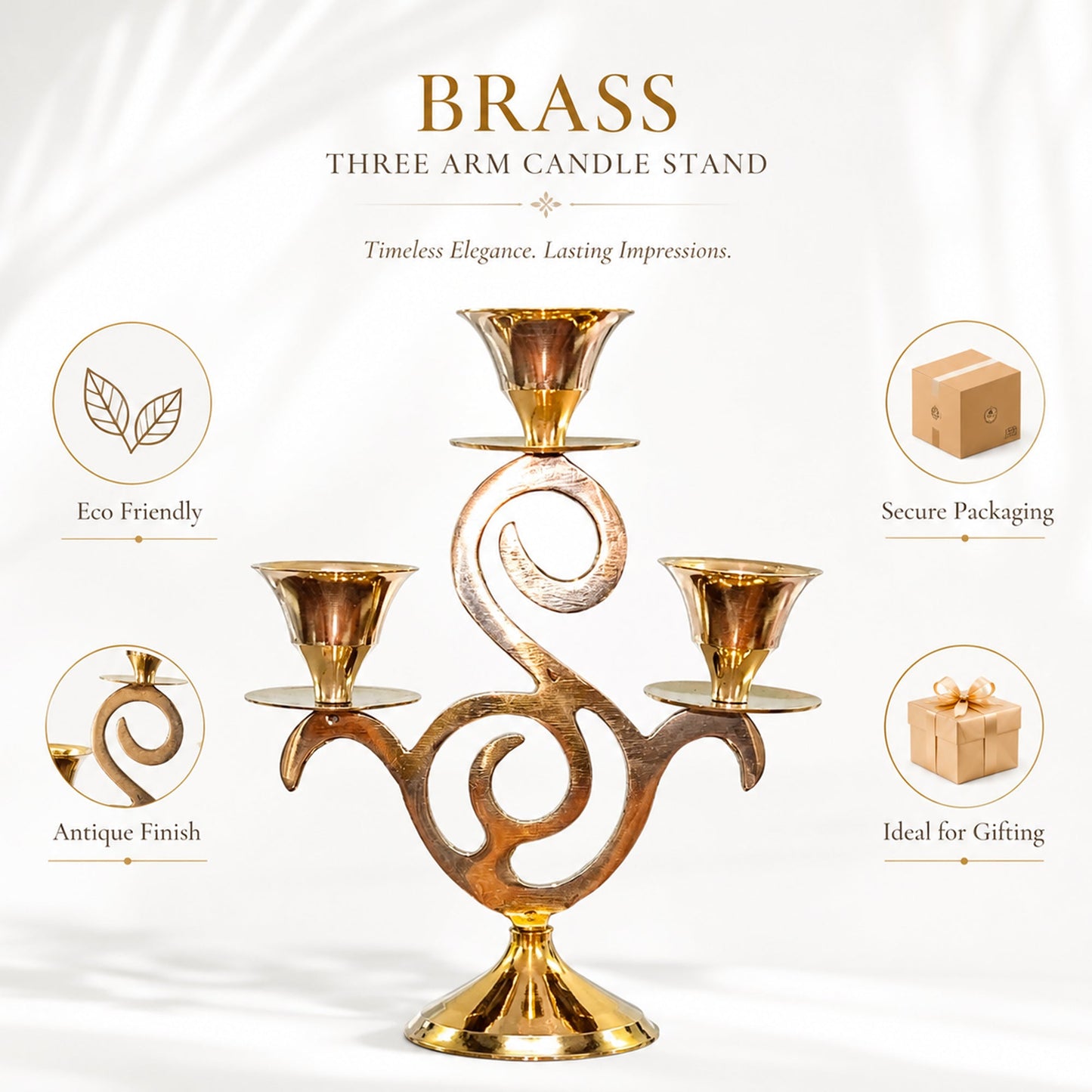 Brass Three Arm Candle Stand Antique Finish Decorative Candle Holder for Home Decor & Gifting| The Indian Aura