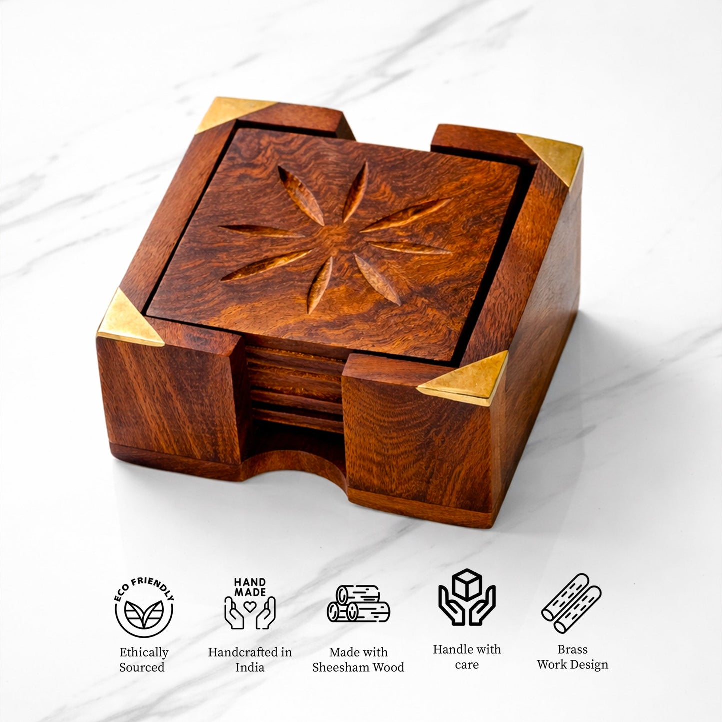 Handcrafted Sheesham Wood Square Coaster Set with Brass Corners & Box Holder – 3 Inch Coasters, Set of 6