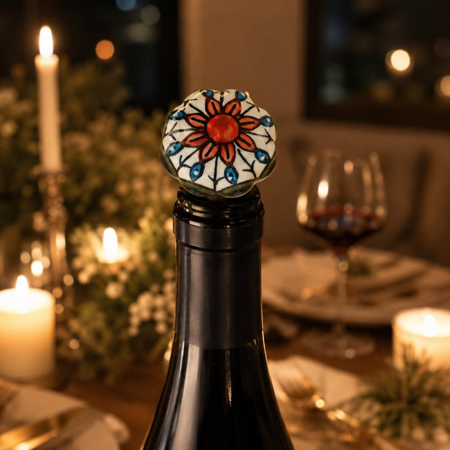 Ceramic Wine Bottle Stopper with Cork – Handcrafted Hand-Painted Floral Wine Stopper, Airtight Bottle Sealer for Wine & Bar | Decorative Wine Saver, Ideal Gift for Wine Lovers, Made in India