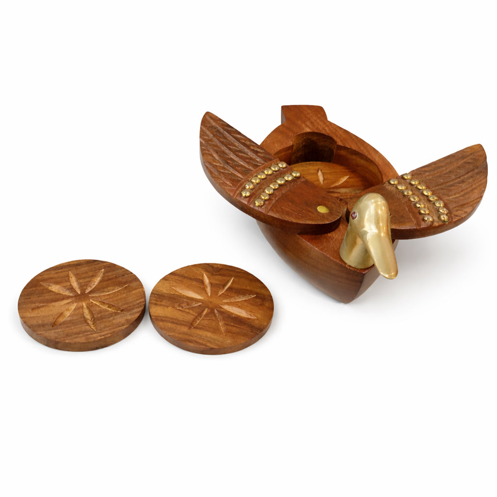 Duck Shaped Wooden Coaster Set with Holder – Handcrafted Sheesham Wood & Brass Tea Coasters for Cups, Mugs & Glasses, 8 Inch | Decorative Table Showpiece & Housewarming Gift