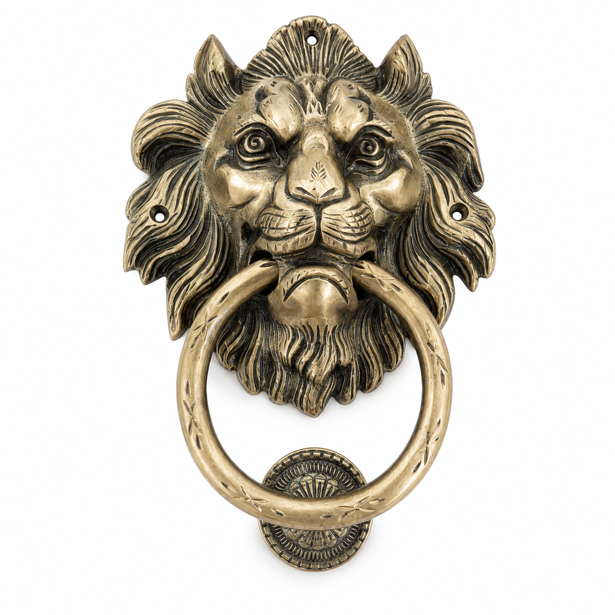 Handcrafted Imperial Crest Lion Brass Door Knocker – 1100 g Antique Finish