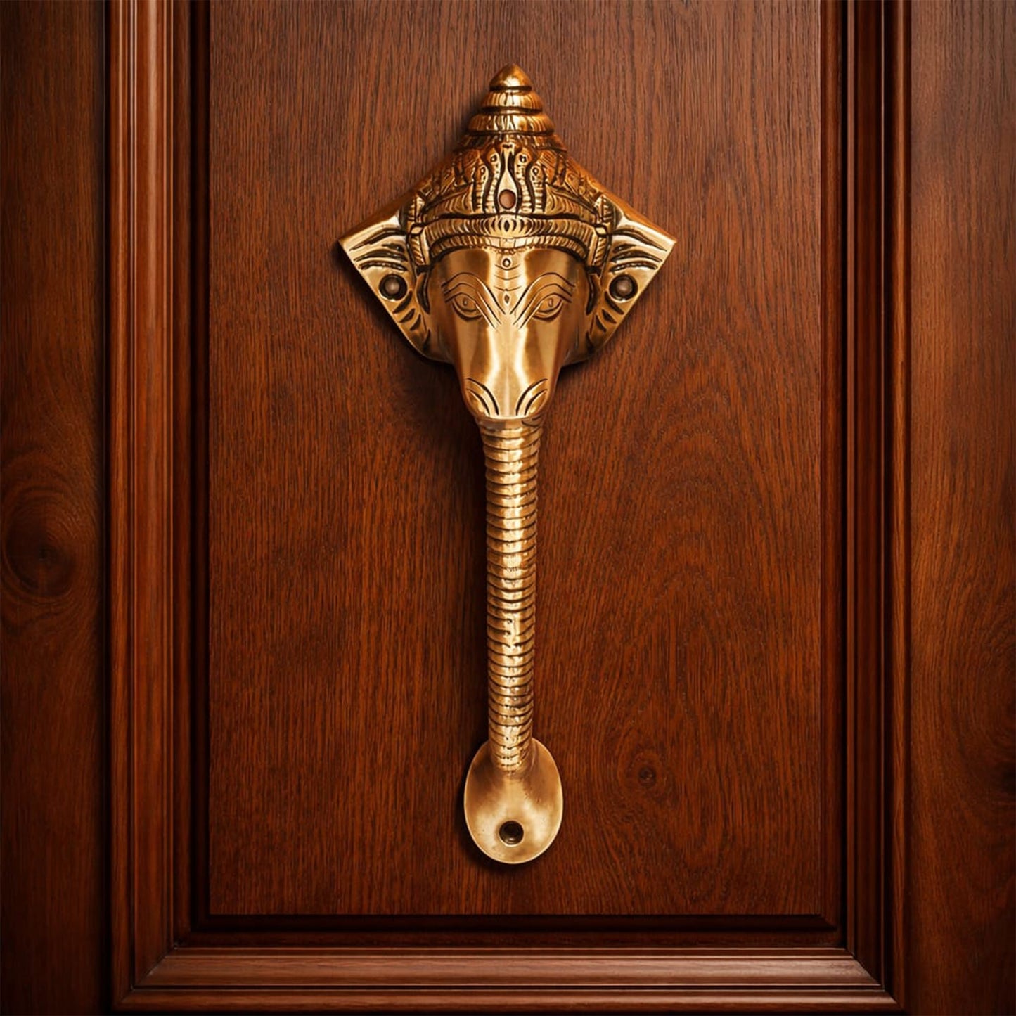 Antique Ganesha Brass Door Handle with Brown Crown – Vintage Indian Design