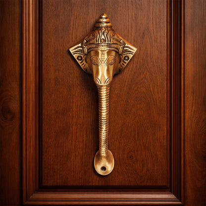 Antique Ganesha Brass Door Handle with Brown Crown – Vintage Indian Design