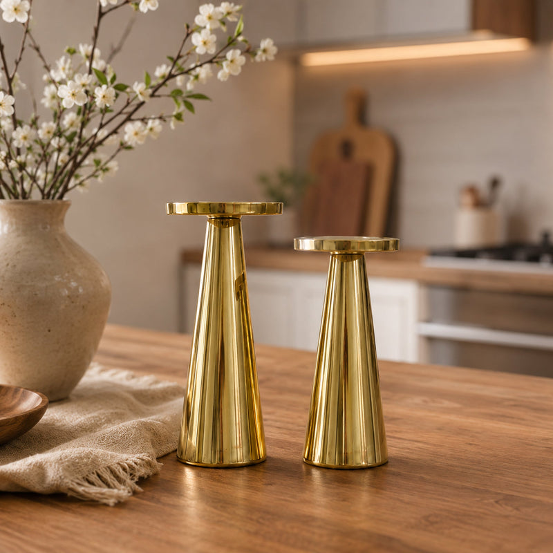 Gold Metal Pillar Candle Holder Stand Set of 2 | The Indian Aura