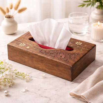 The Indian Aura Handcrafted Wooden Tissue Box Cover with Brass Inlay – Decorative Tissue Holder for Home & Office (15 × 25 × 6 cm)
