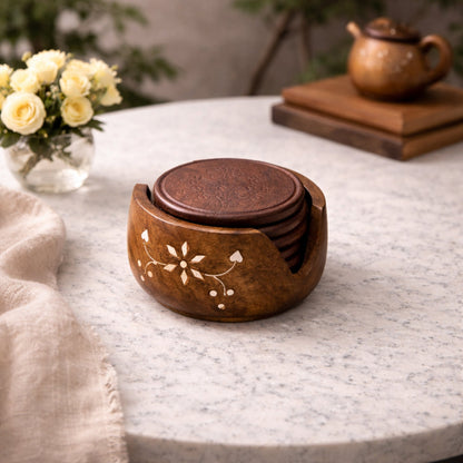 Handcrafted Wooden Coaster Set with Holder | The Indian Aura