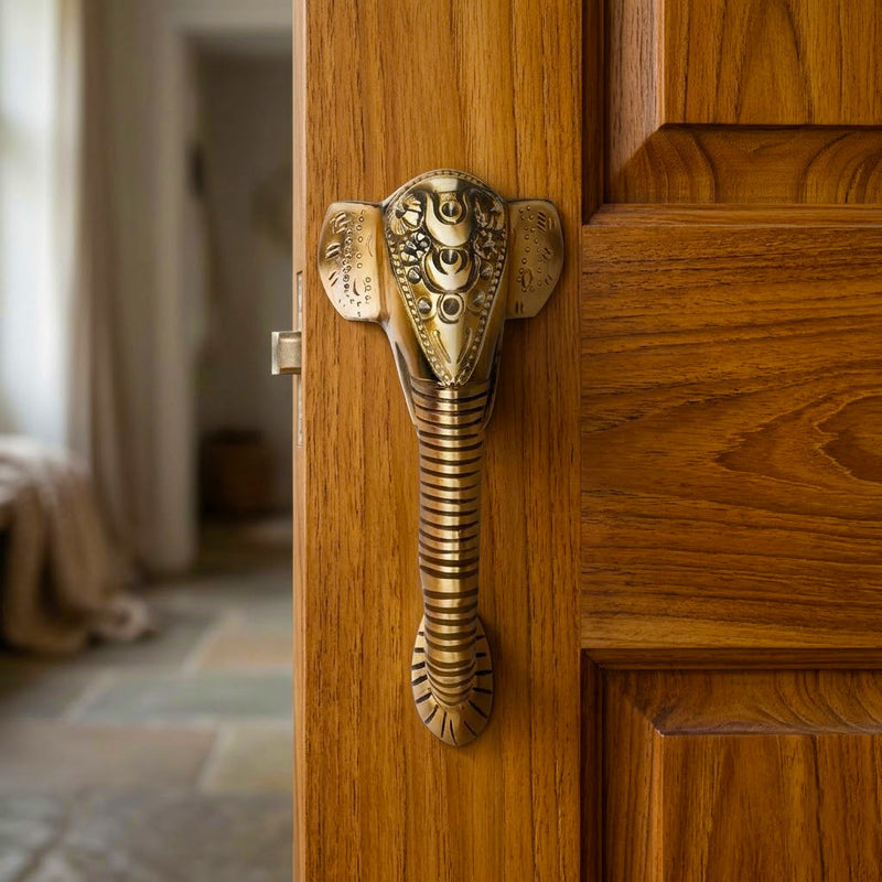 Ganesha Brass Door Handle with Golden Crown - Antique Dhanvantri Design