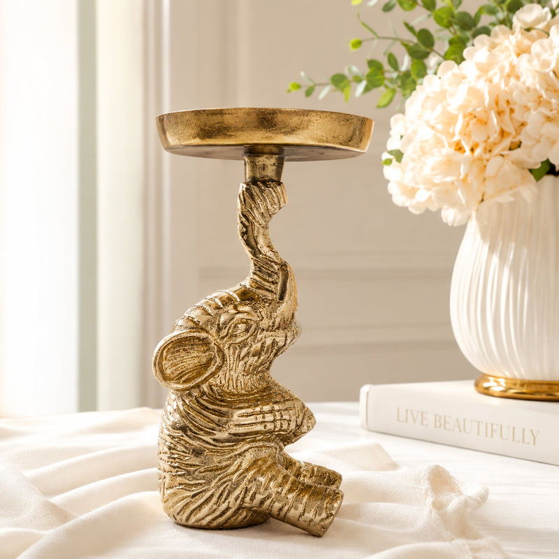 Gold Elephant Pillar Candle Holder Stand – 16 cm Decorative Metal T-Light Holder | The Indian Aura