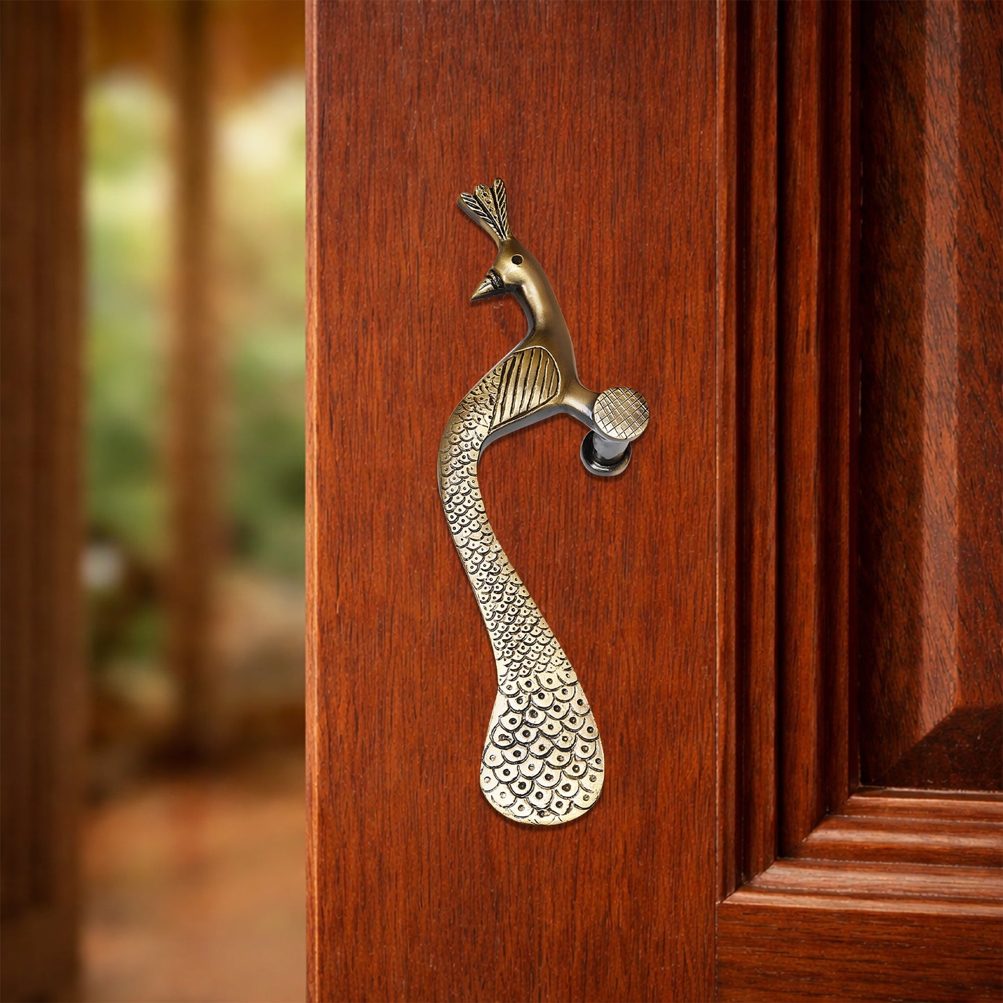 Handcrafted Brass Door Handle – Elegant Peacock Design (Left Turned)
