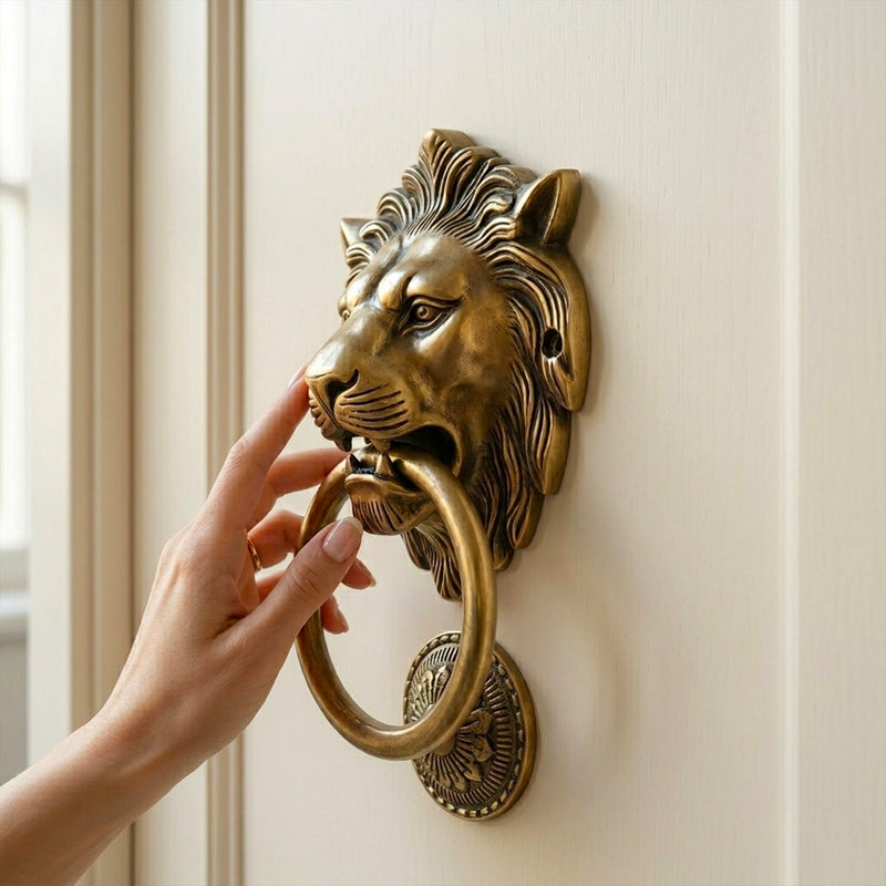 Lion Guardian Brass Door Knocker with Ring Handle for Main Door | The Indian Aura