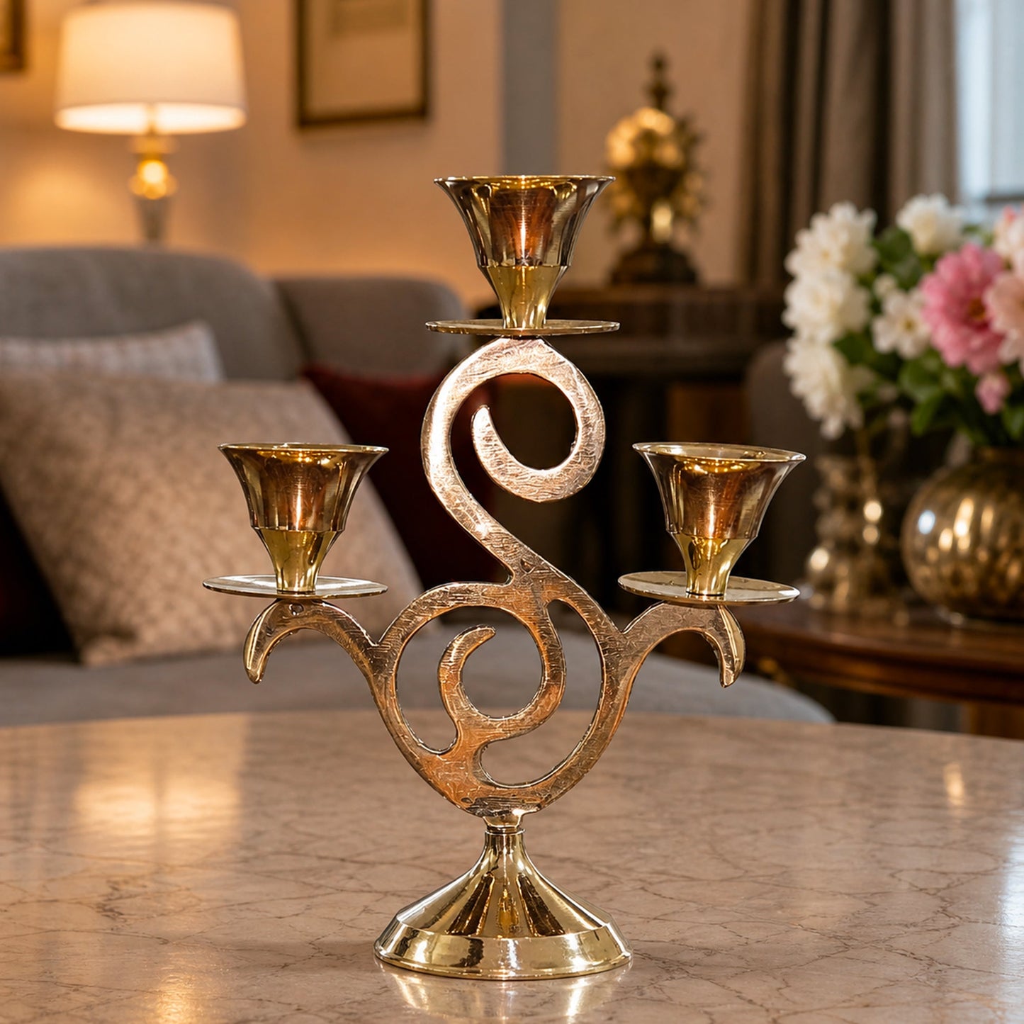 Brass Three Arm Candle Stand Antique Finish Decorative Candle Holder for Home Decor & Gifting| The Indian Aura