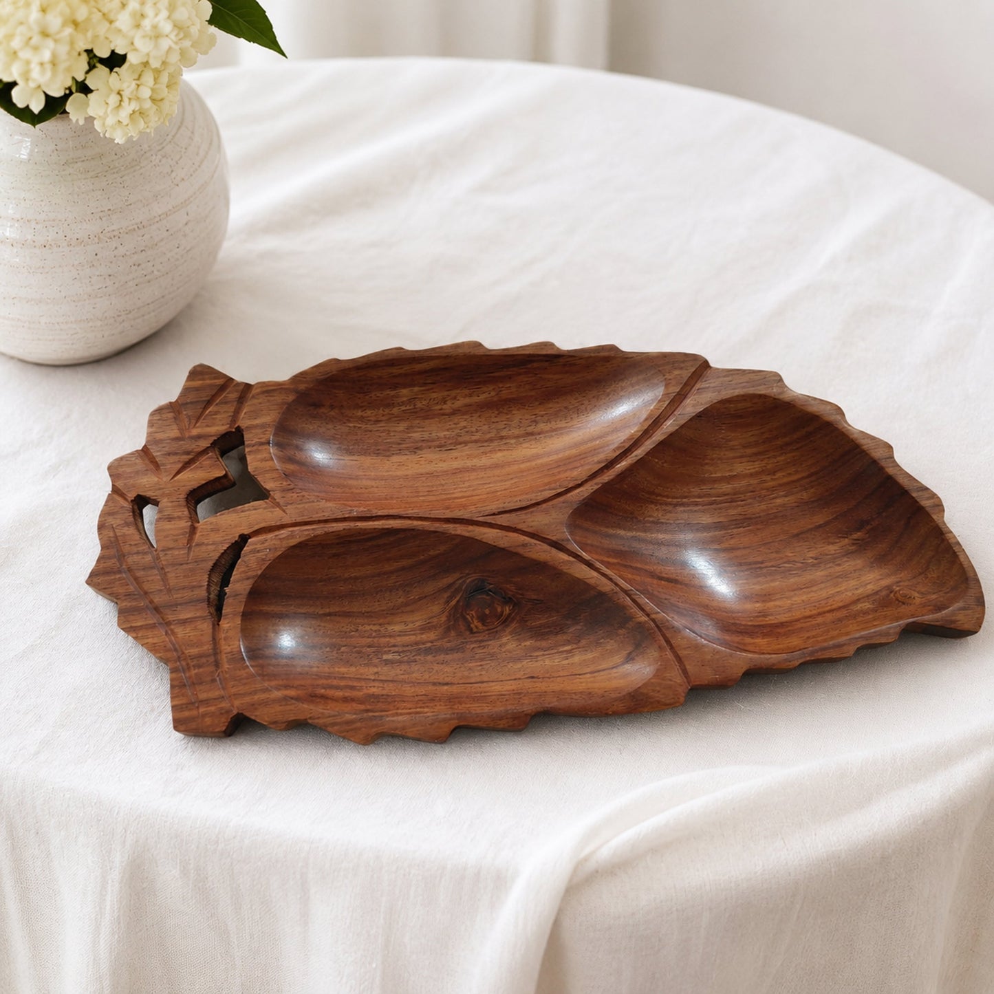 Leaf Shaped Wooden Serving Platter with 3 Compartments – Handcrafted Sheesham Wood Divided Tray for Dry Fruits, Snacks, Nuts & Cookies, Decorative Serving Dish | Ideal Housewarming & Diwali Gift