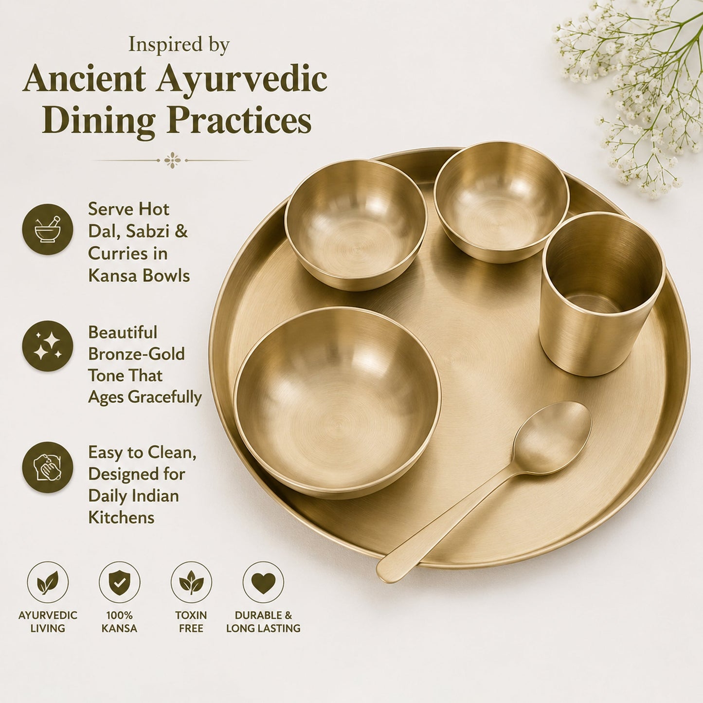 Pure Kansa Matte Finish 13.5 Inch Thali Dinner Set – Traditional Ayurvedic Dinnerware for Healthy & Elegant Dining
