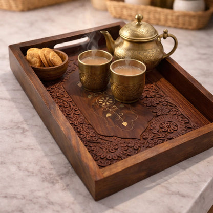 Rosewood Wooden Serving Tray with Matching Napkin Holder | The Indian Aura