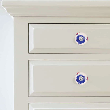 Blue Floral with Red Leaves Hand-Painted Ceramic Drawer Knob | The Indian Aura