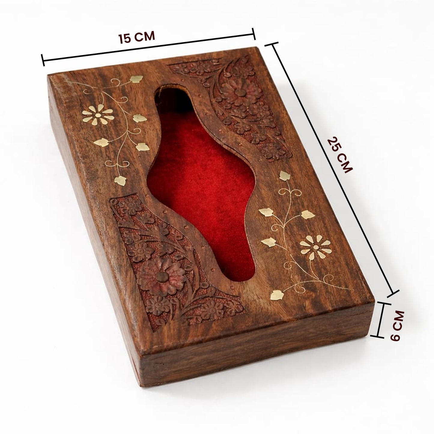 The Indian Aura Handcrafted Wooden Tissue Box Cover with Brass Inlay – Decorative Tissue Holder for Home & Office (15 × 25 × 6 cm)