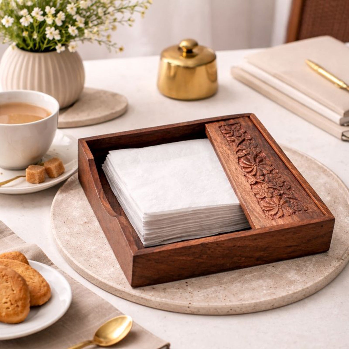 Handcrafted Wooden Napkin Holder with Carved Lid | Premium Table Accessory | The Indian Aura