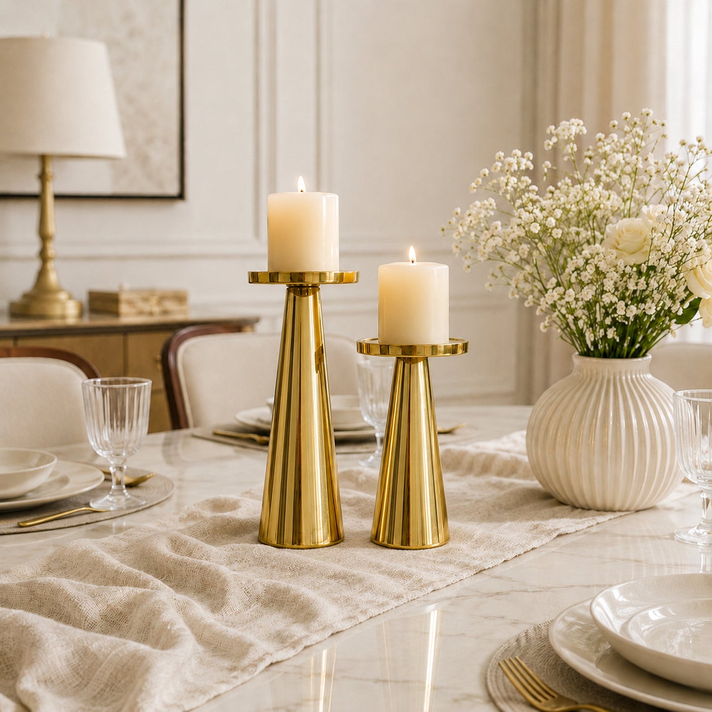Gold Metal Pillar Candle Holder Stand Set of 2 | The Indian Aura