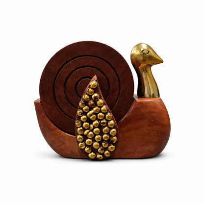 Handcrafted Wooden Round Coasters with Duck Shape Holder - Set of 6
