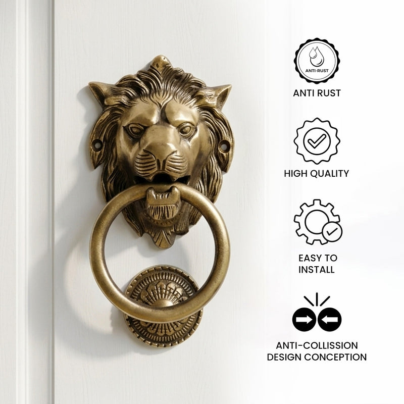 Lion Guardian Brass Door Knocker with Ring Handle for Main Door | The Indian Aura