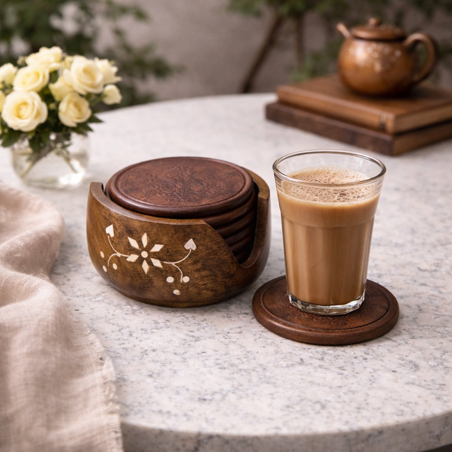 Rosewood Wooden Serving Tray with Matching Coaster (Set of 6) | The Indian Aura