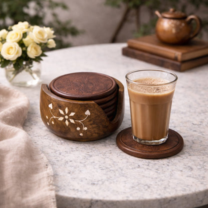 Handcrafted Wooden Coaster Set with Holder | The Indian Aura