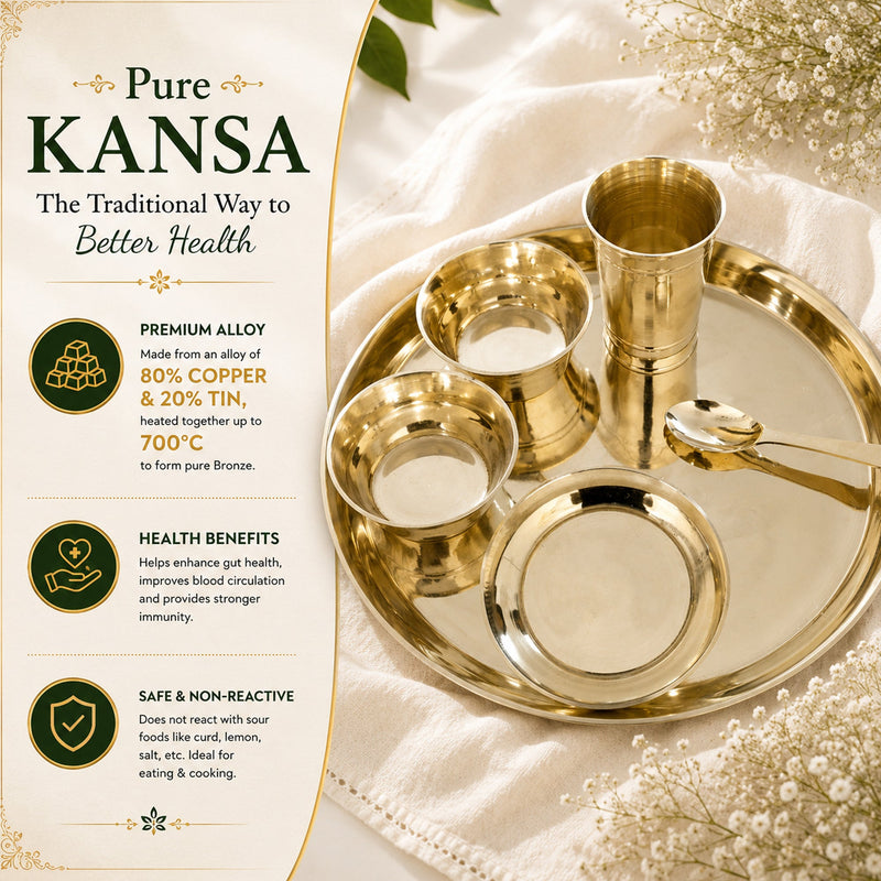 Pure Kansa Dinner Set – Traditional Bronze Thali 12 inch Set with Plate, Glass, Bowls & Spoon | 80% Copper & 20% Tin Alloy | Ayurvedic Dining Collection
