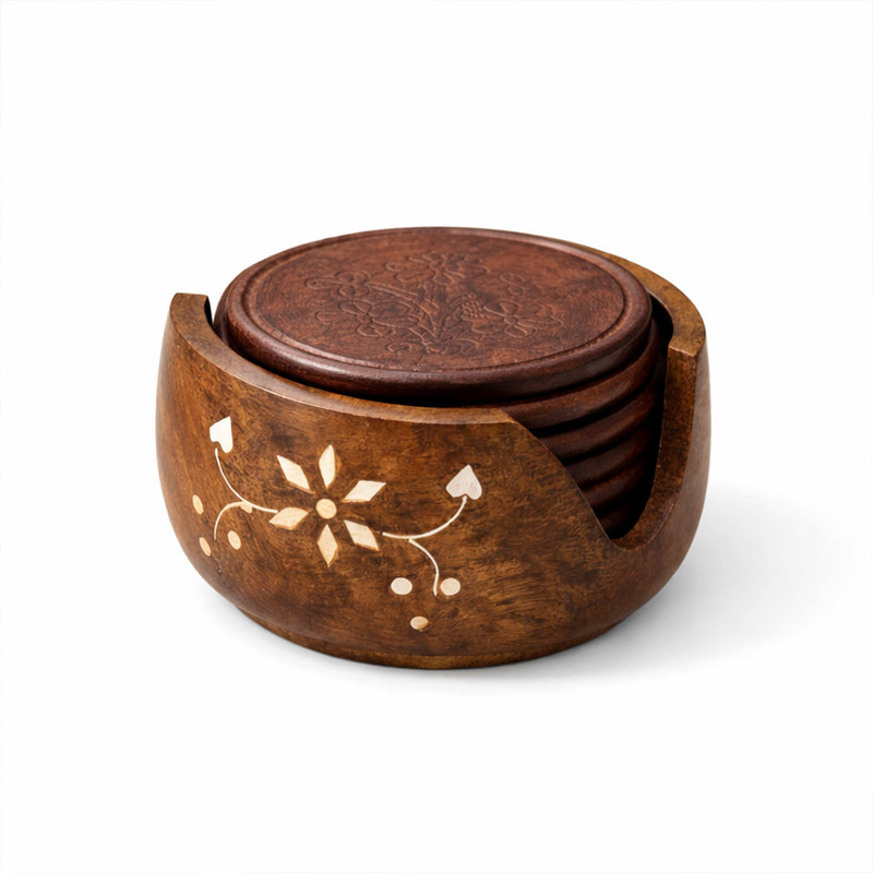 Handcrafted Wooden Coaster Set with Holder | The Indian Aura