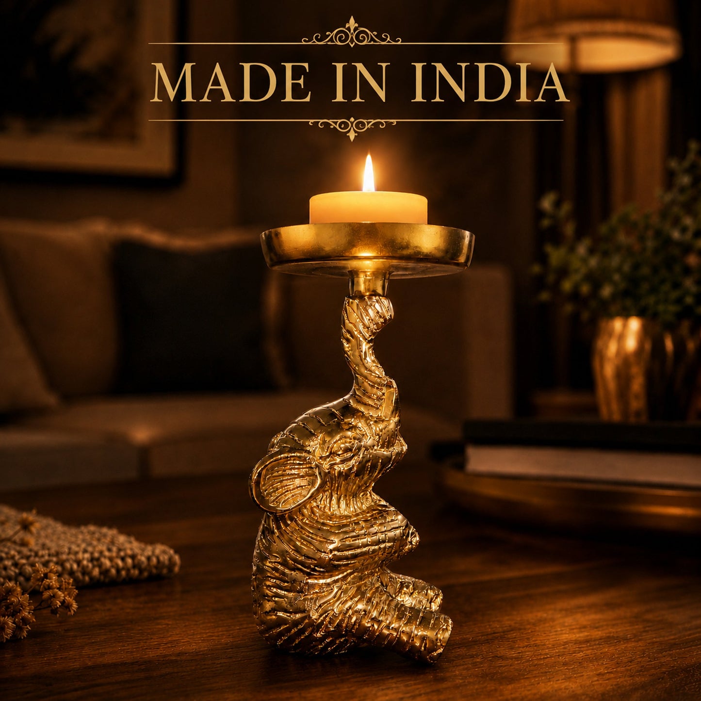 Gold Elephant Pillar Candle Holder Stand – 16 cm Decorative Metal T-Light Holder | The Indian Aura