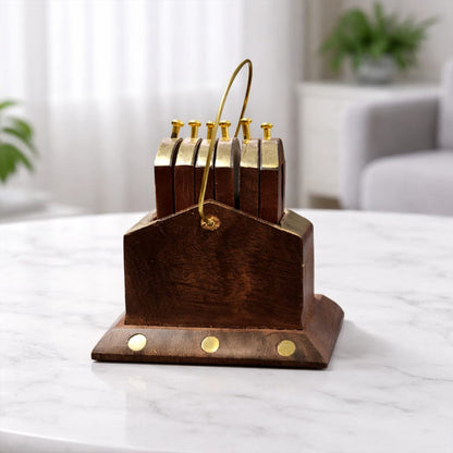 Handcrafted Sheesham Wood Coaster Set with Brass Corners & Holder – Set of 6, 2.5 Inch Drink Coasters for Tea & Coffee Cups