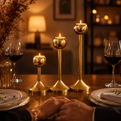 Modern Gold Metal Taper Candle Holder Stand Set of 3 – Graduated Heights | The Indian Aura