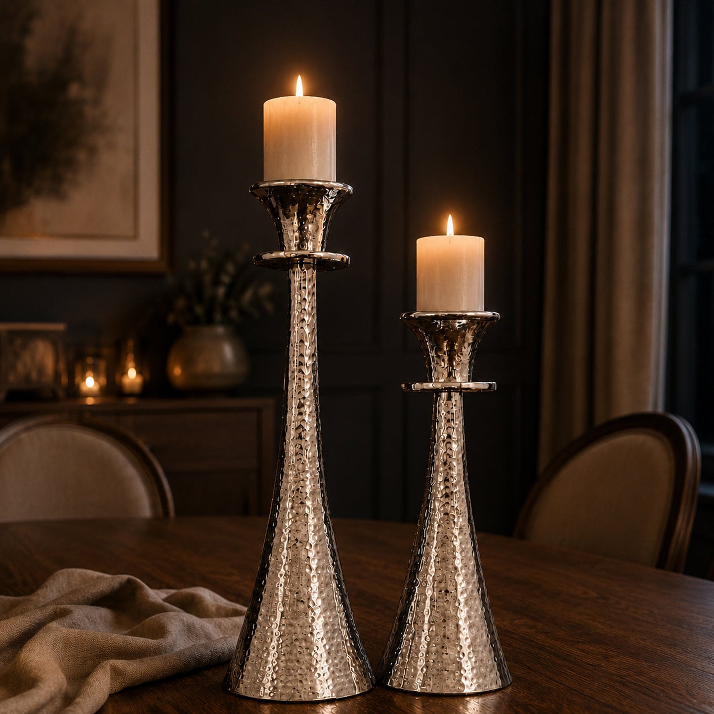 Hammered Silver Tapered Metal Candle Holder Stand Set of 2 | The Indian Aura
