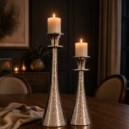 Hammered Silver Tapered Metal Candle Holder Stand Set of 2 | The Indian Aura
