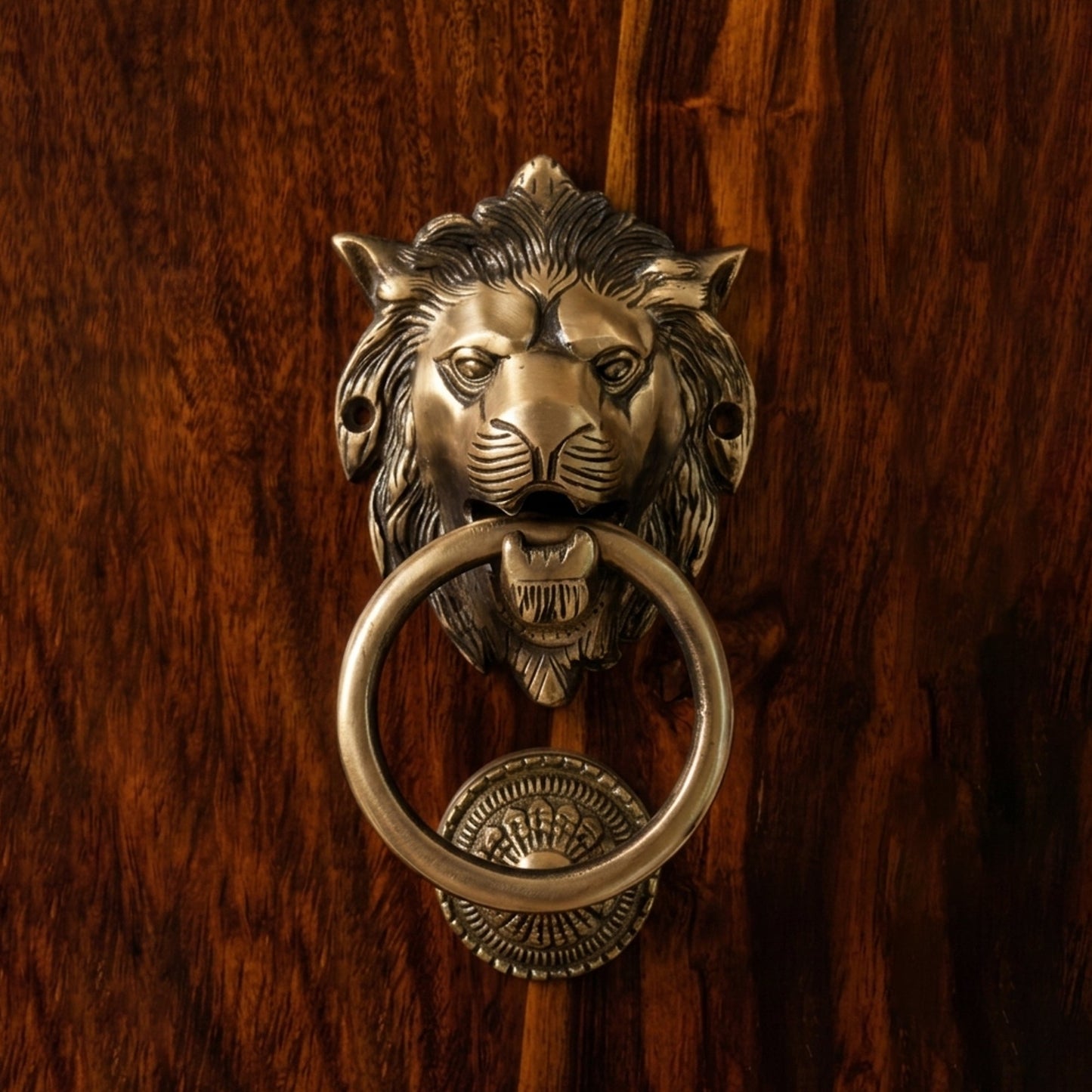 Lion Guardian Brass Door Knocker with Ring Handle for Main Door | The Indian Aura