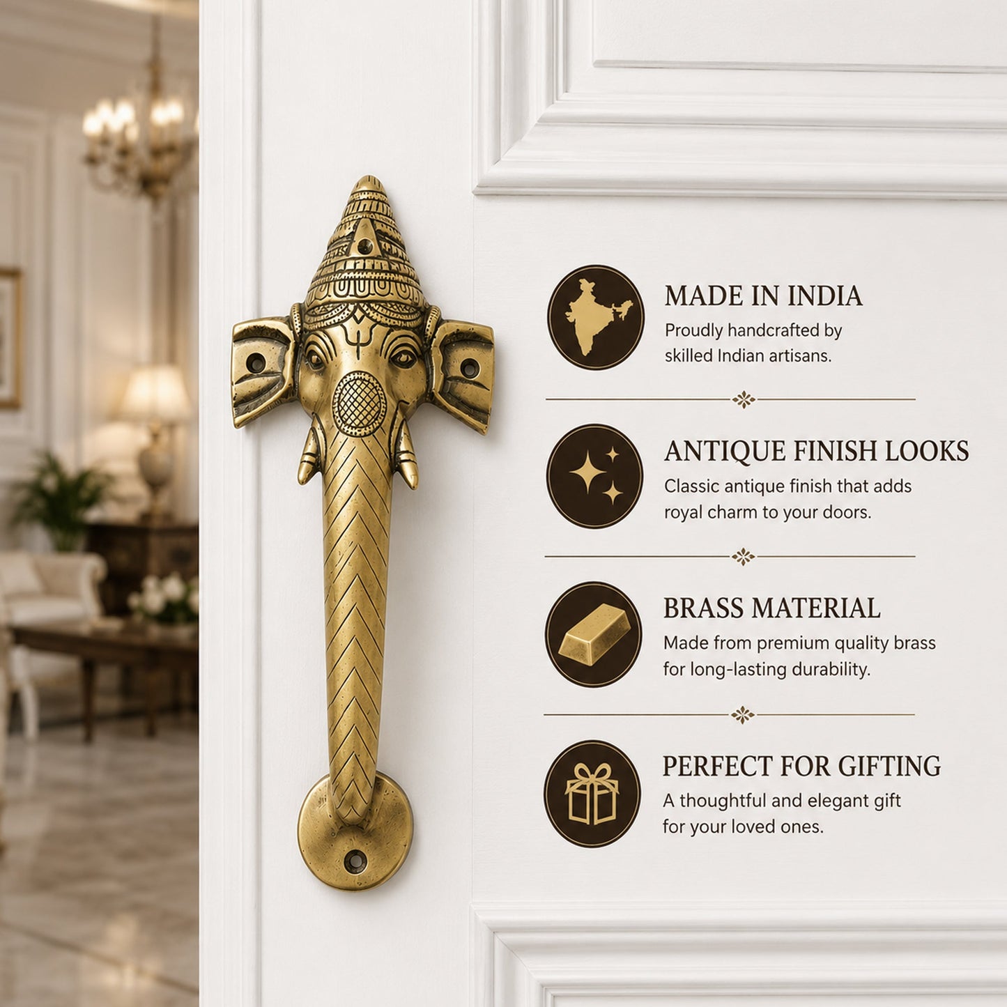 Ganesha Brass Door Handle for Main Door – 10 Inch Antique Finish Elephant Pull Handle,  |Set-1