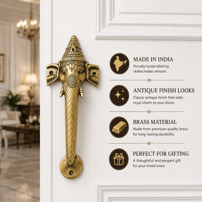 Ganesha Brass Door Handle for Main Door – 10 Inch Antique Finish Elephant Pull Handle,  |Set-1
