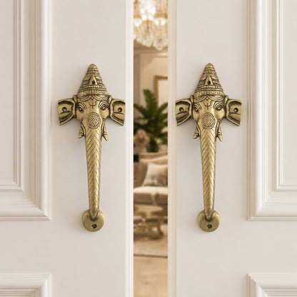 Ganesha Brass Door Handle Pair for Main Door – 10 Inch Antique Finish Elephant Pull Handle, Ethnic Indian Design for Wooden Doors, Temple Doors & Entrance | Auspicious Housewarming Gift,Set-2