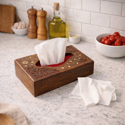 The Indian Aura Handcrafted Wooden Tissue Box Cover with Brass Inlay – Decorative Tissue Holder for Home & Office (15 × 25 × 6 cm)
