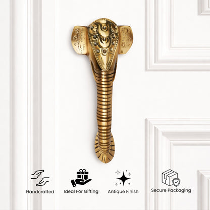Ganesha Brass Door Handle with Golden Crown - Antique Dhanvantri Design