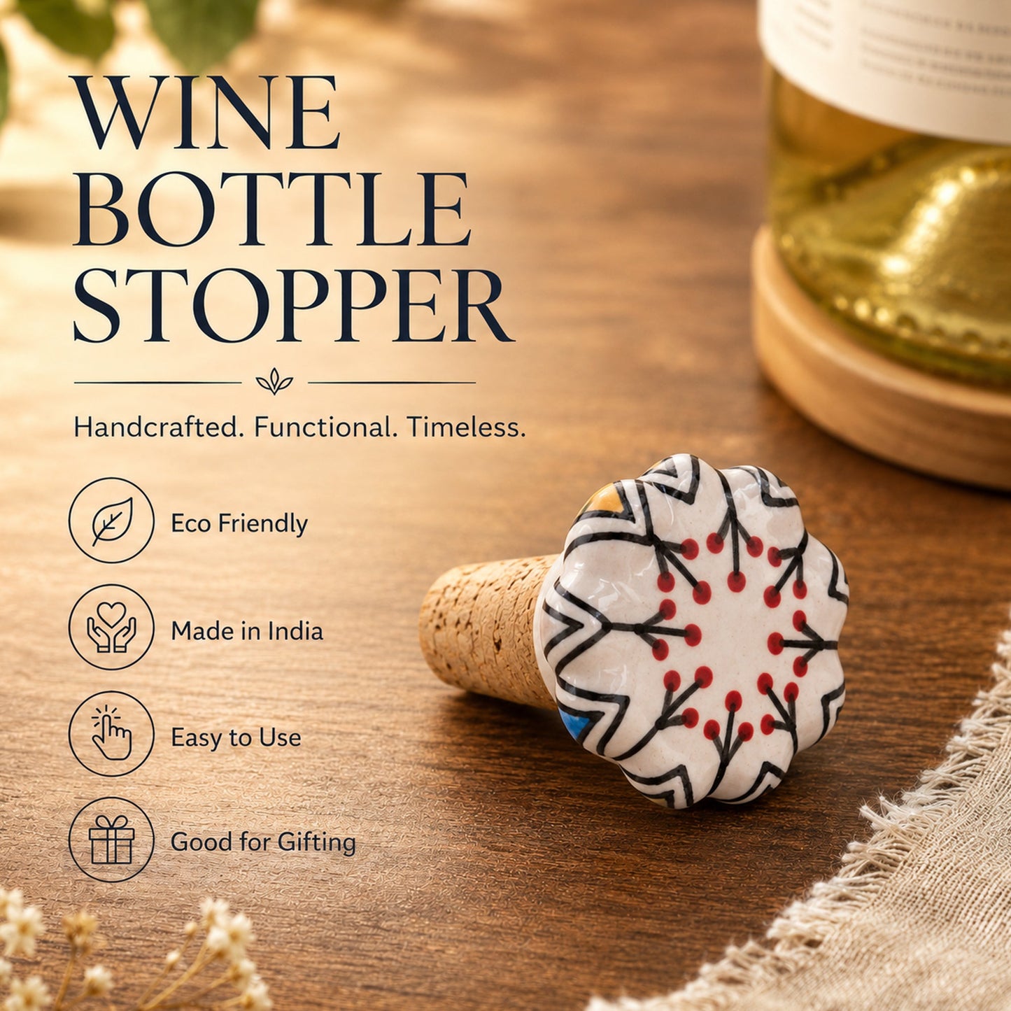 Ceramic Wine Bottle Stopper with Cork – Handcrafted Hand-Painted Red Berry Floral Wine Stopper, Airtight Bottle Sealer for Wine & Bar | Decorative Wine Saver, Ideal Gift for Wine Lovers, Made in India