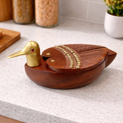 Duck Shaped Wooden Coaster Set with Holder – Handcrafted Sheesham Wood & Brass Tea Coasters for Cups, Mugs & Glasses, 8 Inch | Decorative Table Showpiece & Housewarming Gift