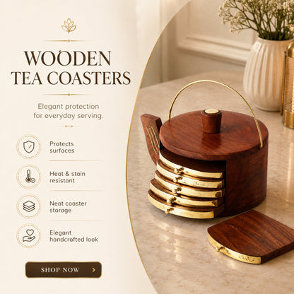 Wooden Tea Coaster Set with Kettle-Shaped Holder – Sheesham Wood & Brass Coasters for Tea Cups, Coffee & Glasses, Handcrafted Table Decor