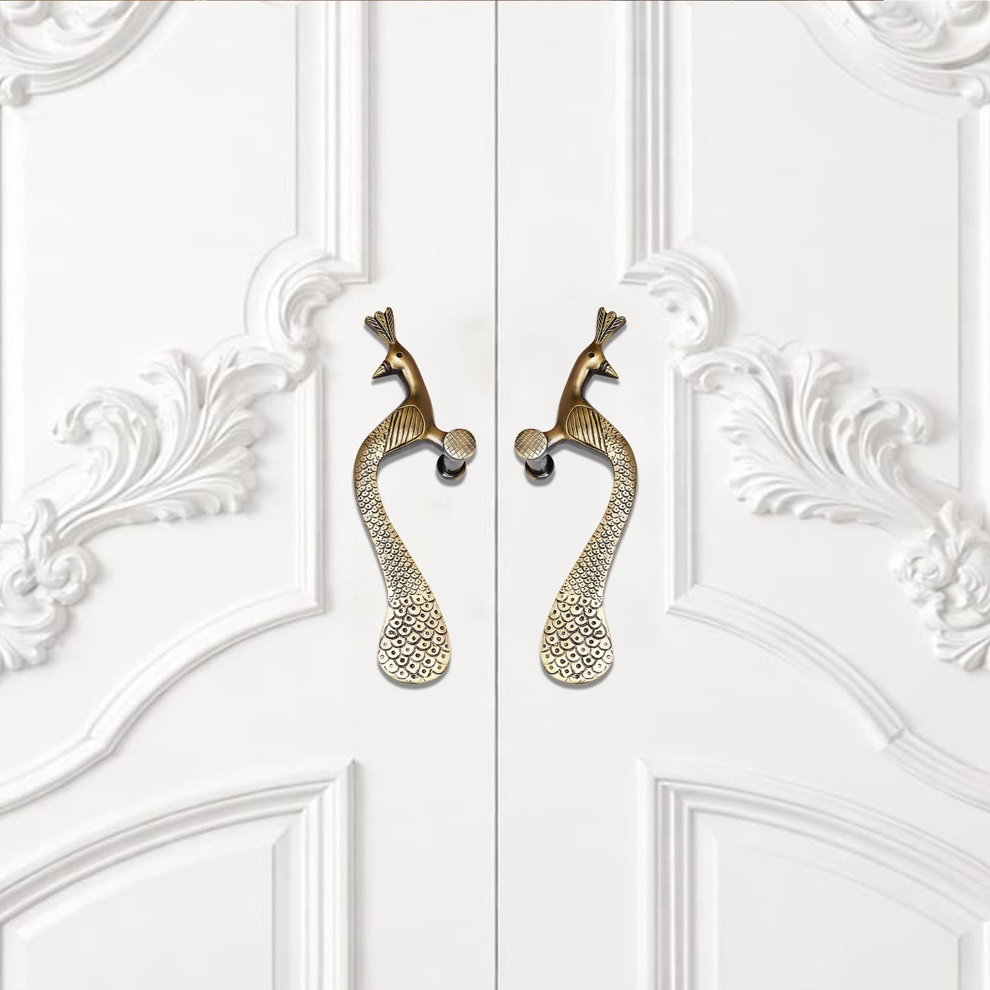 Handcrafted Brass Door Handle – Elegant Peacock Design (Left Turned)