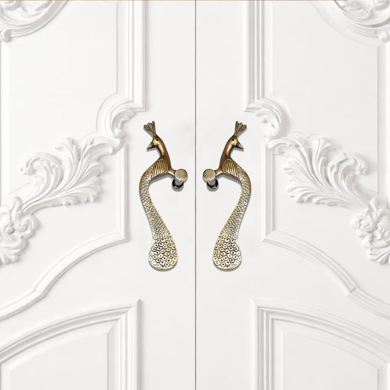 Handcrafted Brass Door Handle – Elegant Peacock Design (Left Turned)