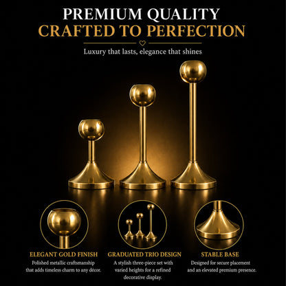 Modern Gold Metal Taper Candle Holder Stand Set of 3 – Graduated Heights | The Indian Aura