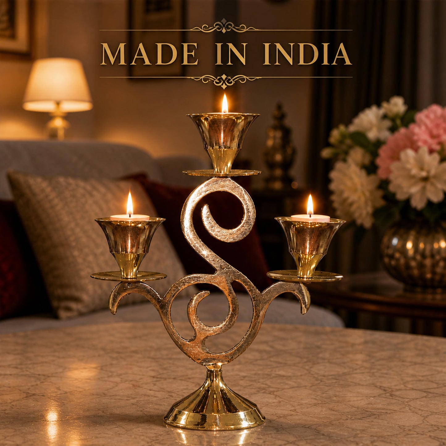 Brass Three Arm Candle Stand Antique Finish Decorative Candle Holder for Home Decor & Gifting| The Indian Aura