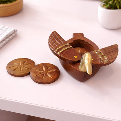Duck Shaped Wooden Coaster Set with Holder – Handcrafted Sheesham Wood & Brass Tea Coasters for Cups, Mugs & Glasses, 8 Inch | Decorative Table Showpiece & Housewarming Gift
